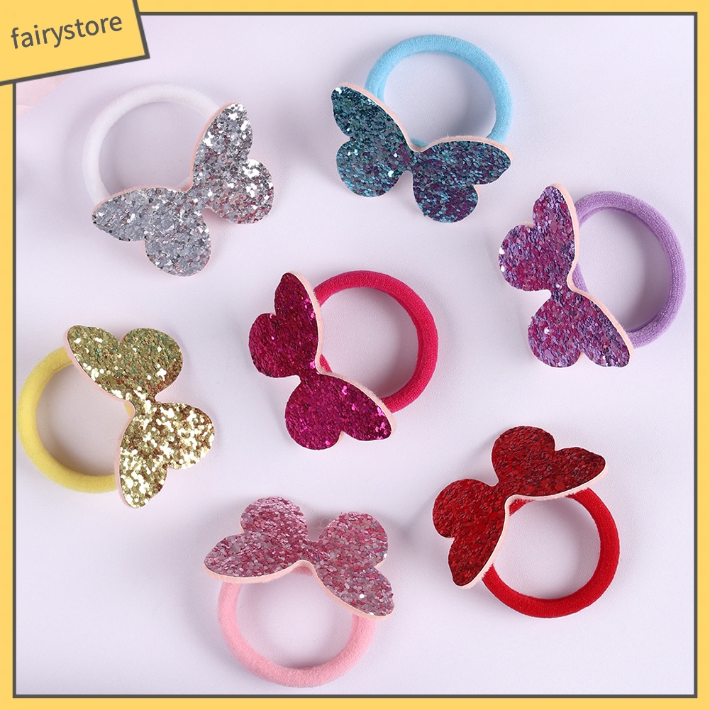 Set 7 Dây Cột Tóc Co Giãn Đính Kim Sa Hình Bướm Cho Bé Gái