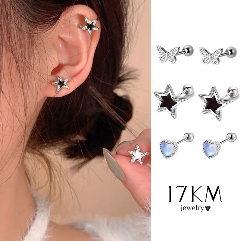 Khuyên tai 17KM mạ bạc đính đá zircon mặt trăng thời trang cho nữ
