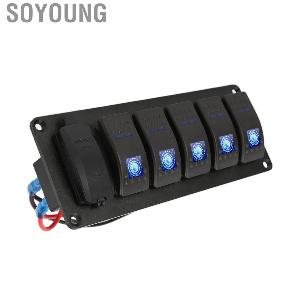 Soyoung 12V-24V 5 Gang Rocker Switch Panel with Dual USB 5V3.4A Blue Backlight  for Marine Boat Car Truck
