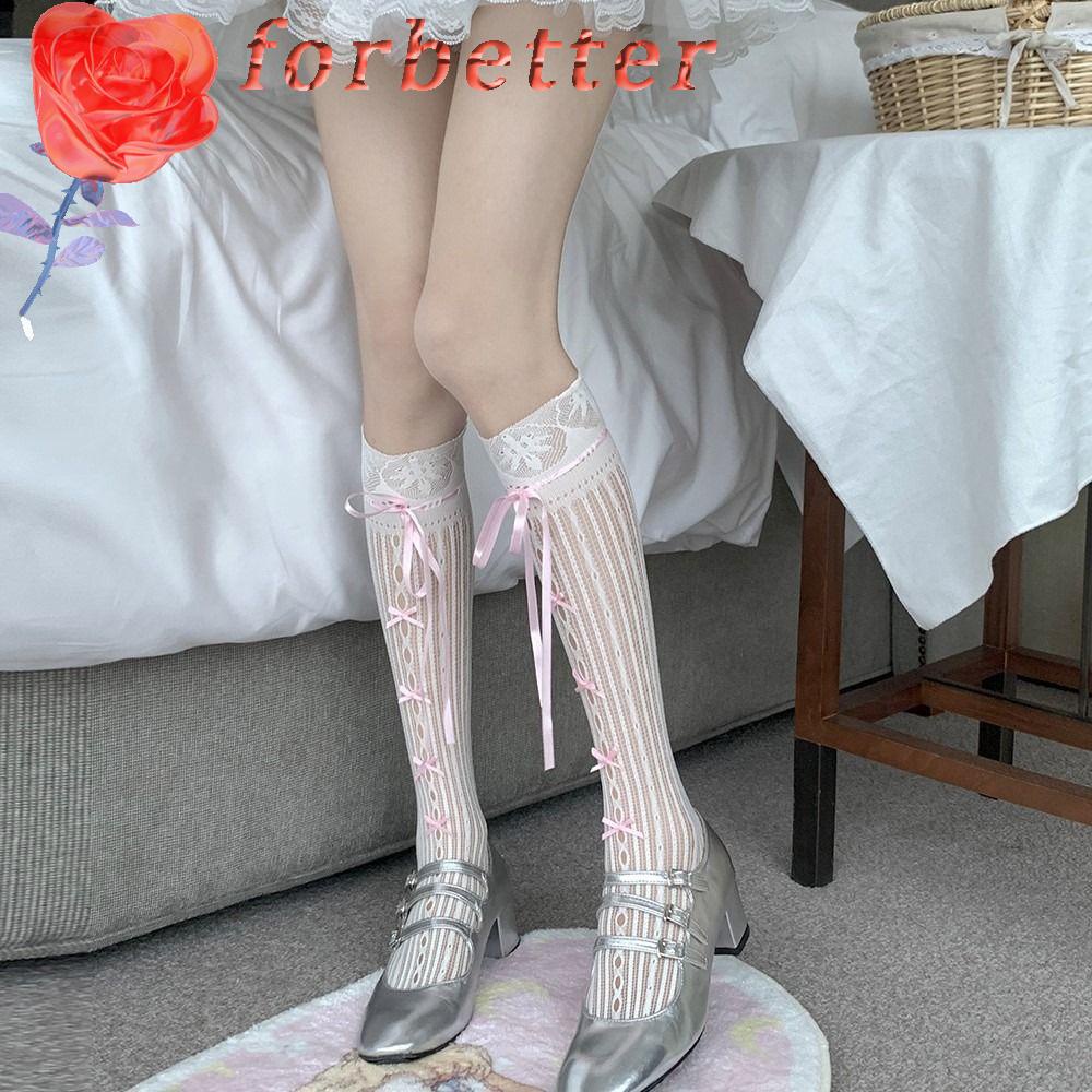 Forbetter Vớ Lưới Khoét Rỗng Họa Tiết Kẻ Sọc Phối Ruy Băng Đáng Yêu Thời Trang Harajuku Ngọt Ngào