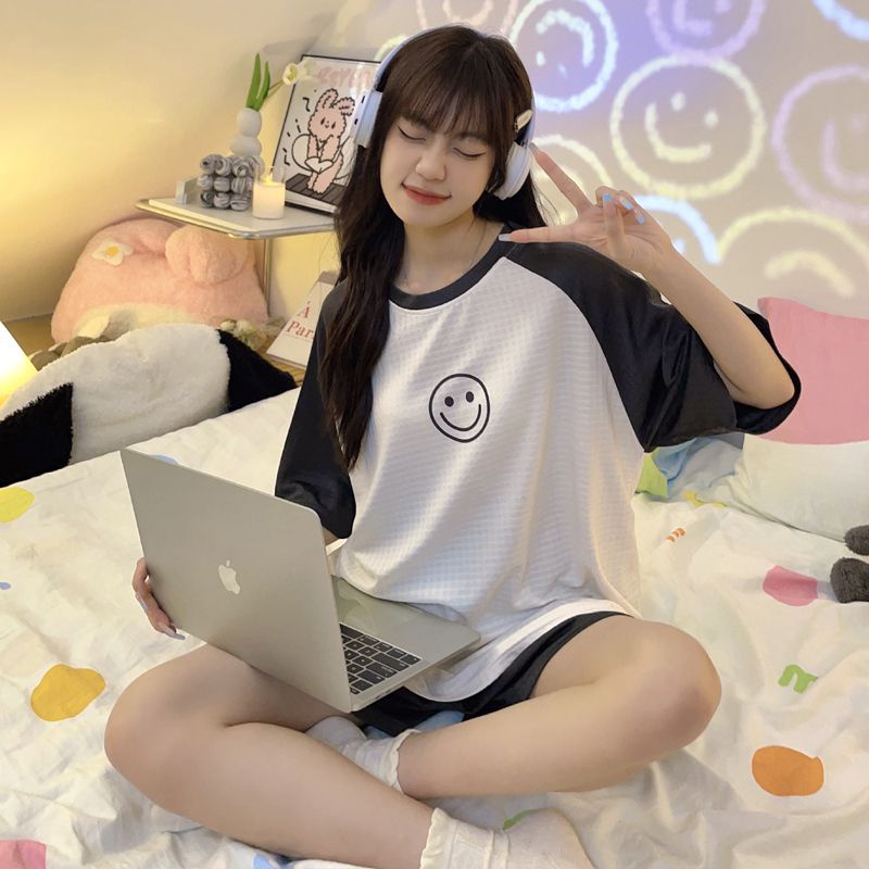 Bộ Đồ Ngủ Ngắn Tay Dáng Rộng In Hoạt Hình Mặt Cười Waffle Dễ Thương Thời Trang Mùa Hè Cho Nữ