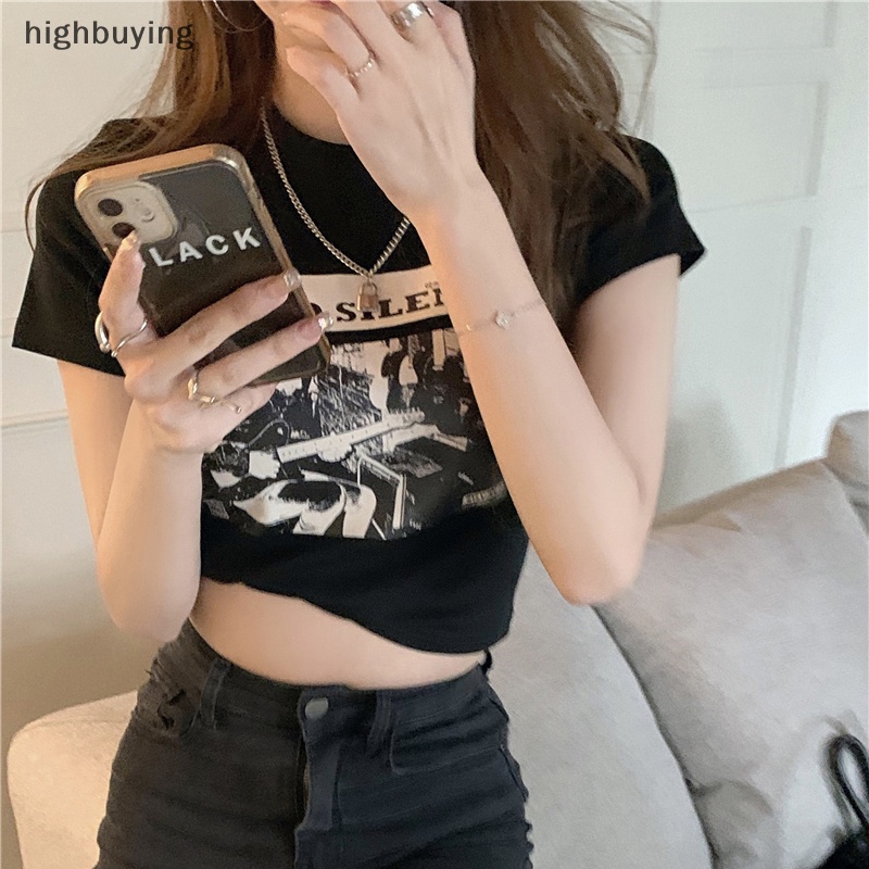 Áo Thun Lửng Ngắn Tay Cổ Tròn In Họa Tiết Kiểu Retro Mỹ Cho Nữ