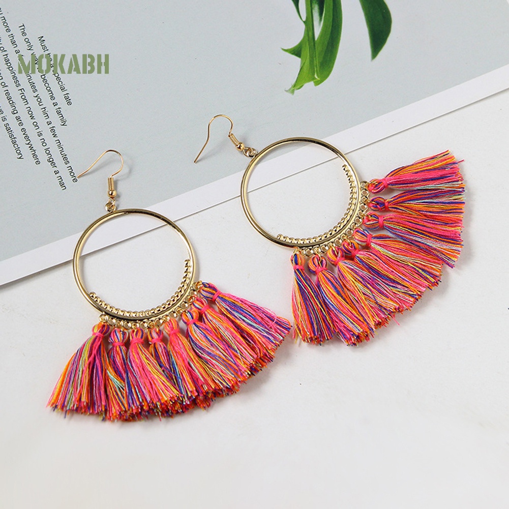 Bông Tai Móc Hình Tròn Lớn Phối Tua Rua Phong Cách Vintage Thời Trang Cho Nữ