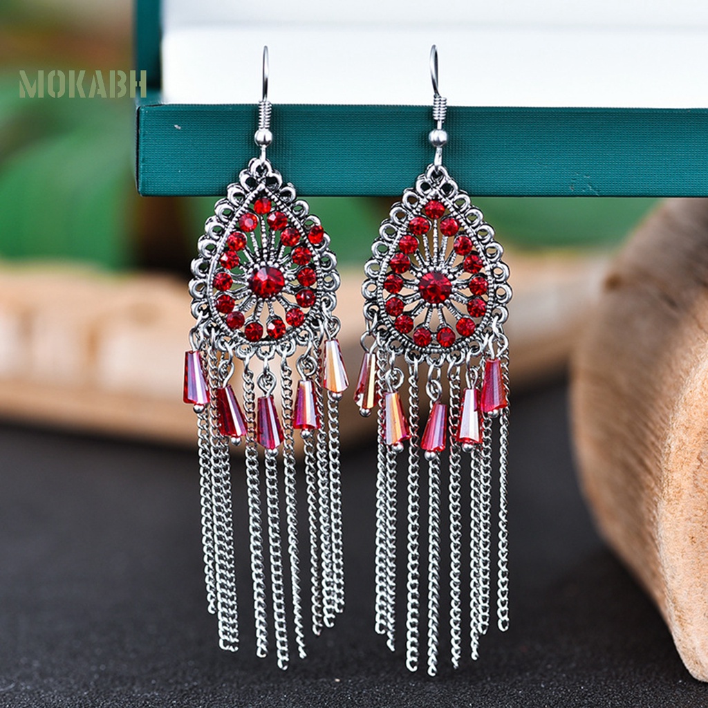 1 Đôi Bông Tai Hình Giọt Nước Có Đính Đá Và Tua Rua Theo Phong Cách Vintage Dành Cho Nữ