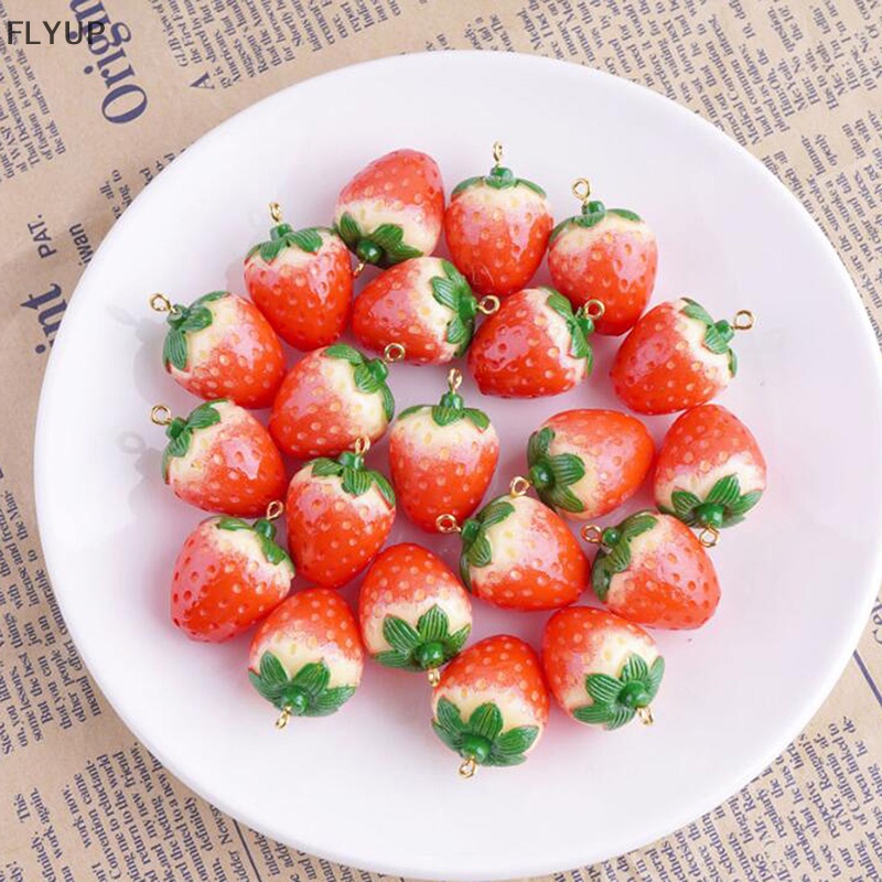 Set 10 Mặt Dây Chuyền Resin Hình Trái Dâu 3D Màu Đỏ DIY