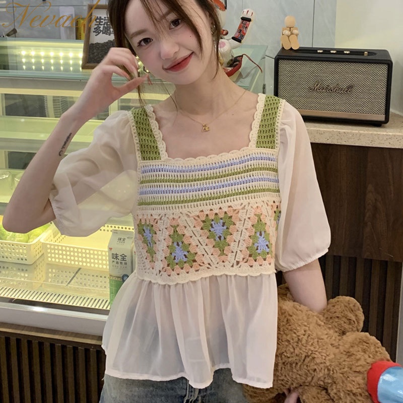 Áo Cổ Vuông Giả Hai Lớp Thời Trang Mùa Hè Hàn Quốc 2023