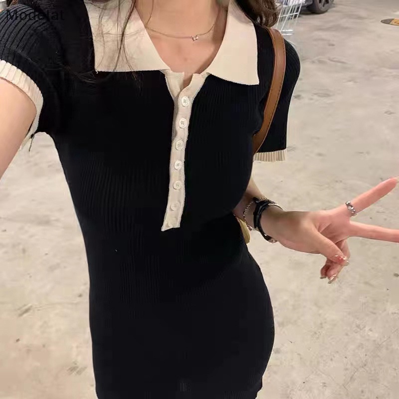 Mfc Đầm Mini Cổ Bẻ Phối Màu Tương Phản Thời Trang Mùa Hè