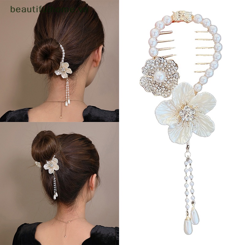 Kẹp Tóc Càng Cua Cố Định Tóc Đuôi Ngựa Đính Hoa Trà Và Ngọc Trai Xinh Xắn Cho Nữ [Beautyhome]