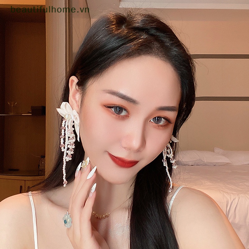 Bông Tai Mạ Bạc 925 Hình Nơ Đính Ngọc Trai Dáng Dài Xinh Xắn