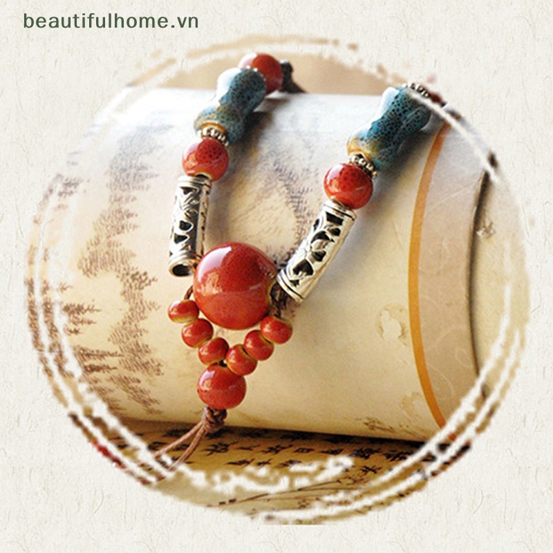 [beautifulhome] Dây Chuyền Dáng Dài Đính Hạt Gốm Sứ Handmade Truyền Thống Thời Trang Retro Trang Sức Thanh Lịch [beauty]