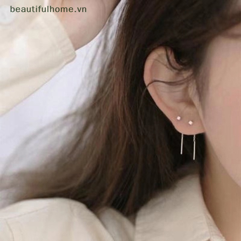 [beautifulhome] Khuyên Tai Dáng Dài Tua Rua Hình Hộp Phong Cách Đơn Giản Hợp Thời Trang Mỏng [beauty]