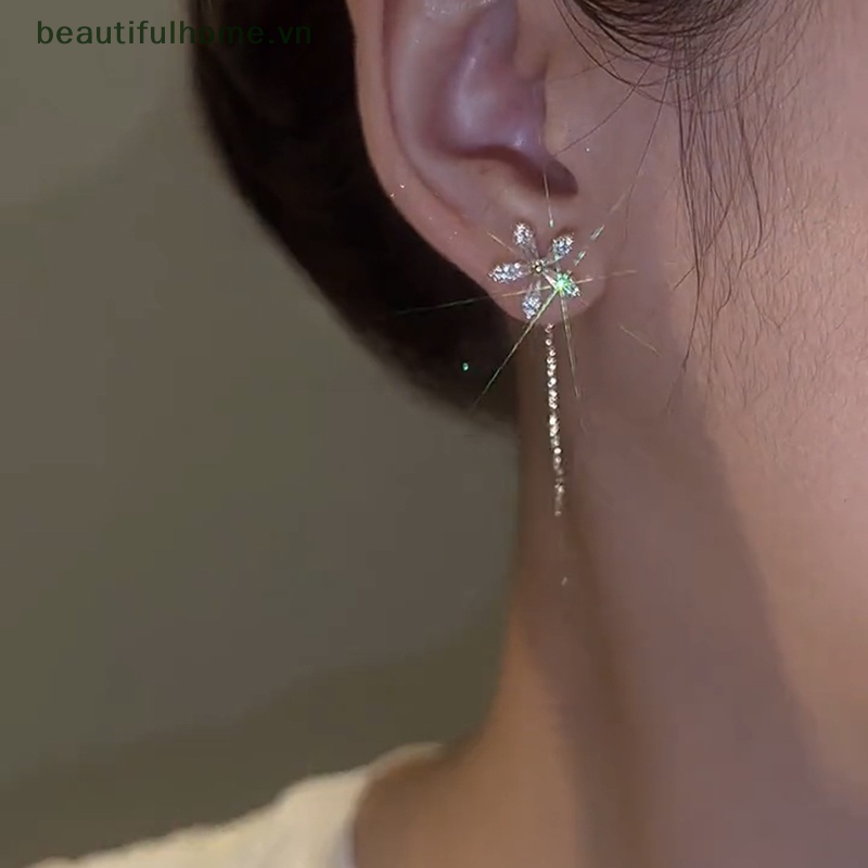 1 Đôi Bông Tai Dáng Dài Hình Hoa Đính Đá Zircon Lấp Lánh Thời Trang