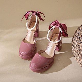 High Heel Pumps Women's Spring 2023 New Platform Small Chunky Heel Pearl Mary Jane Shoes Wedding Dress Artifact