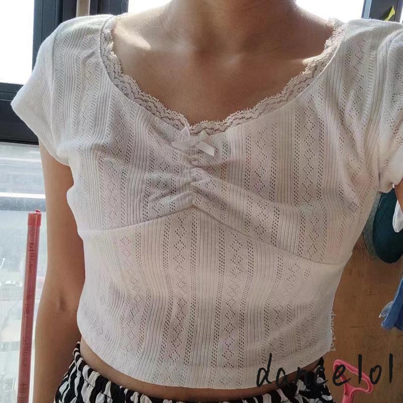 Áo Thun Crop Top Nữ Tay Ngắn Thắt Nơ Eo Màu Trơn 1O1