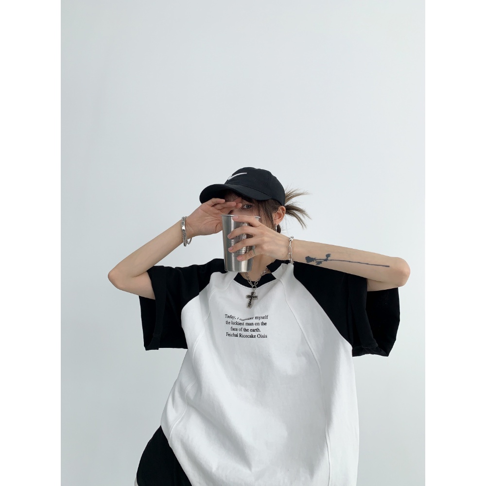 Áo Thun Raglan Tay Ngắn Dáng Rộng Màu Sắc Tương Phản Phong Cách Retro Dành Cho Nữ