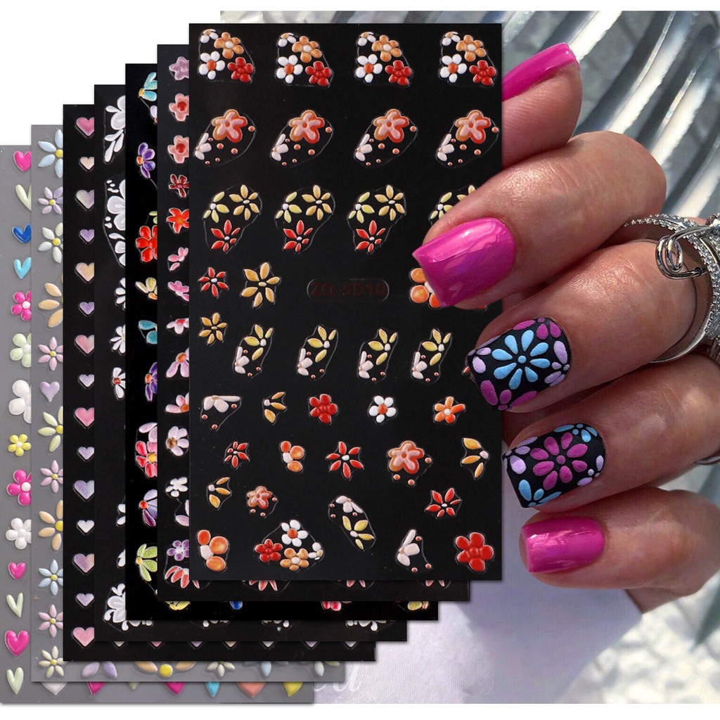 Miếng Dán Móng Tay Dập Nổi Họa Tiết Hoa Năm Cánh Trái Tim Màu Sắc Mùa Hè Pháp