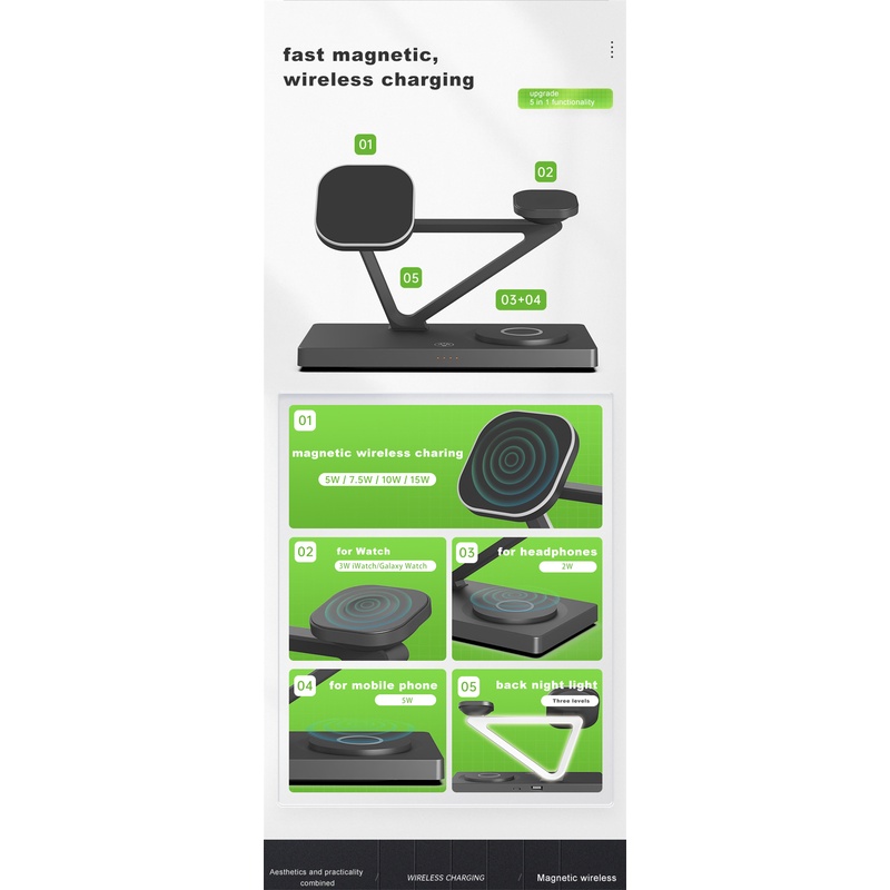 Đế Sạc Nhanh Không Dây 30W 5 Trong 1 Từ Tính Cho iPhone 14 13 12 Apple Samsung Watch AirPods