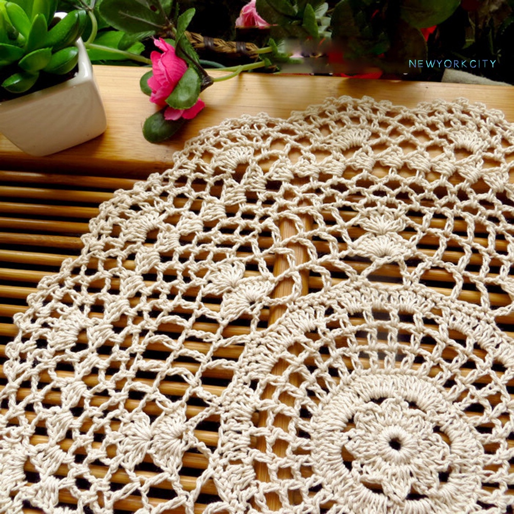 Tấm Lót Bàn Tròn Bằng Vải Cotton Phối Ren Handmade Chống Trượt Tiện Dụng