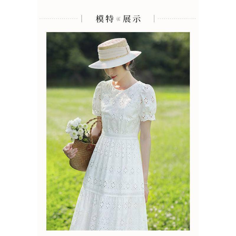 Đầm Cotton Trắng Dáng Dài Cổ Tròn Chiết Eo Phong Cách Pháp Thời Trang Mùa Hè 2023 Mới Cho Nữ