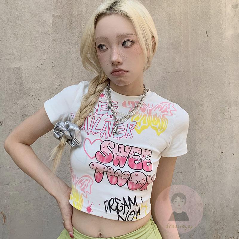 Áo Thun Croptop Tay Ngắn Dáng Ôm In Họa Tiết Hoạt Hình Và Chữ Cá Tính Cho Nữ