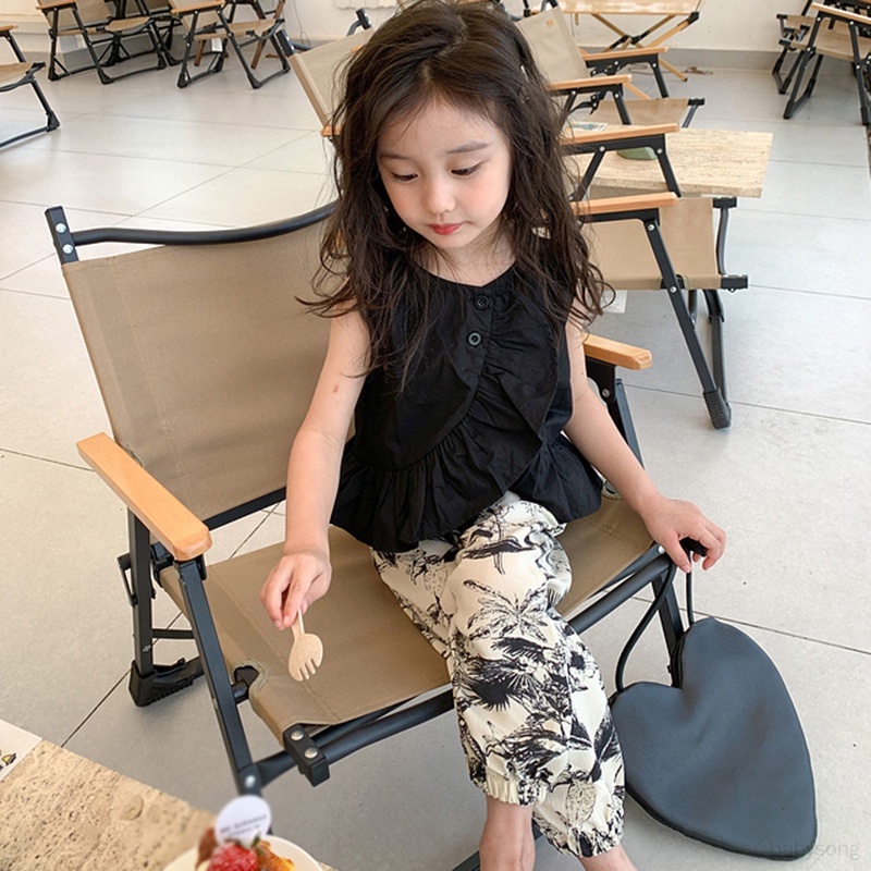 Set Áo Sát Nách Xếp Ly + Quần In Họa Tiết Thời Trang Mùa Hè Cho Bé Gái