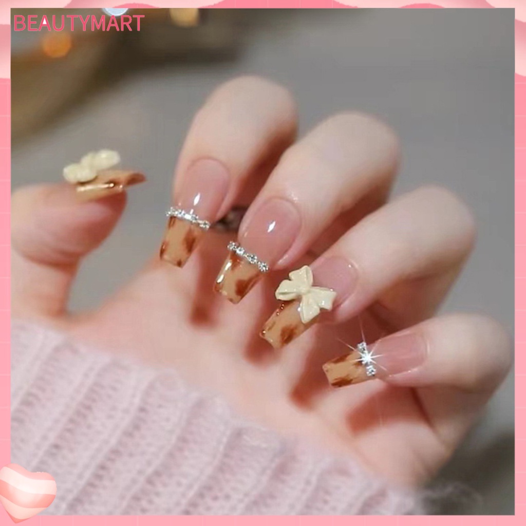 1 Bộ Móng Tay Giả Hình Nơ Họa Tiết Da Báo Dễ Tẩy Trang Diy