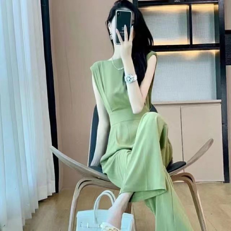 Bộ Áo Liền Quần Ống Rộng Màu Xanh Lá Cây Phong Cách Năm Mới Thời Trang Mùa Hè Cho Nữáo kiểu hàn quốc mùa hè