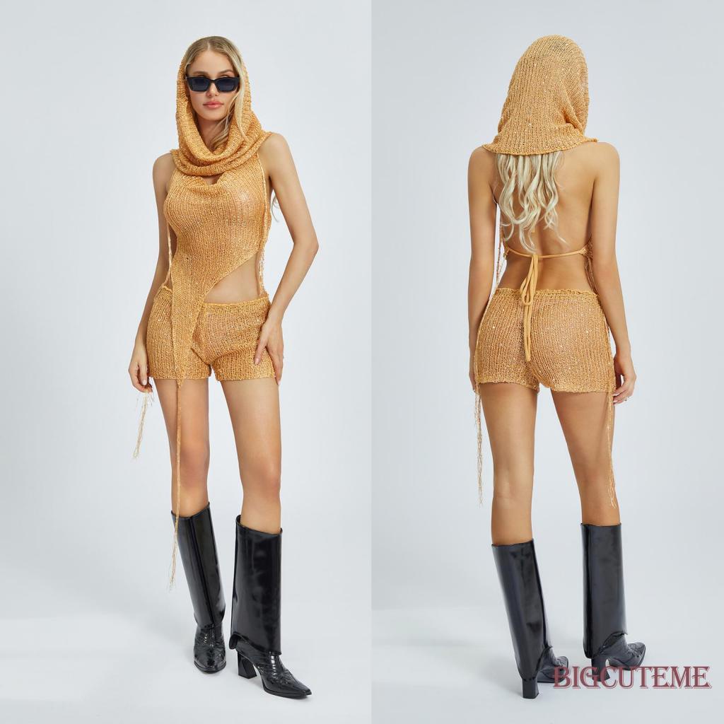 Bộ Áo + Quần Short Đính Kim Sa Lấp Lánh Thời Trang Mùa Hè Cho Nữ