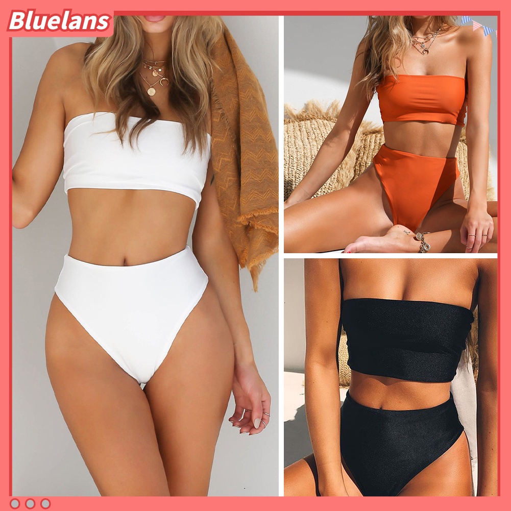 Bộ Đồ Bơi Áo Ống Màu Trơn Phối Quần Lót Lưng Cao Thời Trang Quyến Rũ Cho Nữ