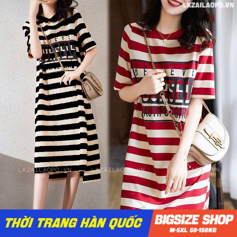 Váy đầm nữ Bigsize Đầm thun suông kẻ sọc dáng suông tay ngắn cổ tròn mùa hè Phong cách Hàn Quốc Thời Trang đẹp