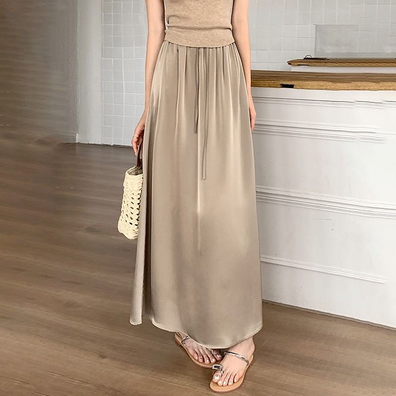 Chân Váy Satin Chữ A Dài Lưng Cao Thời Trang Mùa Hè Cho Nữ