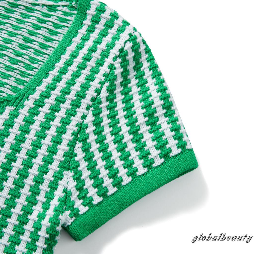 Áo Dệt Kim Ngắn Tay Cổ Vuông Họa Tiết Kẻ Sọc Với Dây Điều Chỉnh Được Thời Trang Mùa Hè Cho Nữ