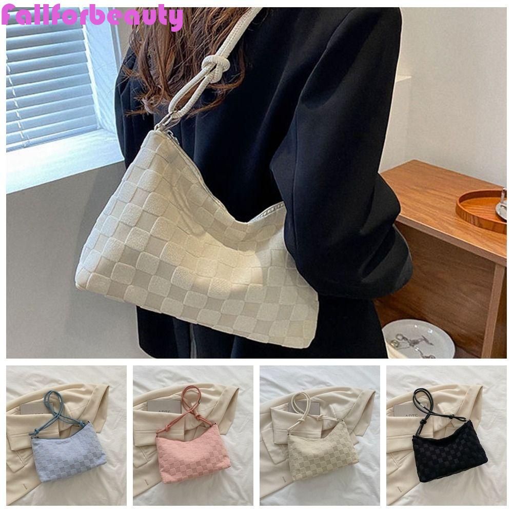 Fallforbeauty Túi Đeo Vai / Kẹp Nách / Đeo Chéo Phủ Lông Họa Tiết Kẻ Ô Sức Chứa Lớn Thời Trang Cho Nữ