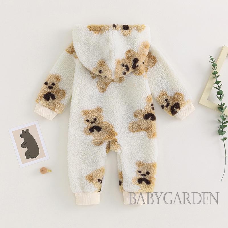 Bộ Áo Liền Quần Tay Dài Có Nón In Hình Gấu Hoạt Hình Có Khóa Kéo Dành Cho Bé Gái 0-24 Tháng Tuổi