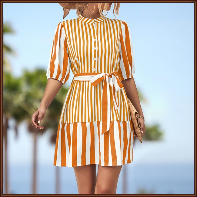 Đầm Midi Dáng Chữ A Tay Lửng Họa Tiết Kẻ Sọc Màu Nhuộm Phối Thắt Lưng Cài Nút Phía Trước Cho Nữ