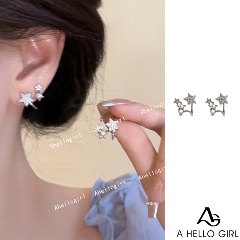 Khuyên tai AHELLOGIRL mạ bạc đính đá zircon ngọc trai mặt ngôi sao phong cách Hàn Quốc thời trang 2023 cho nữ