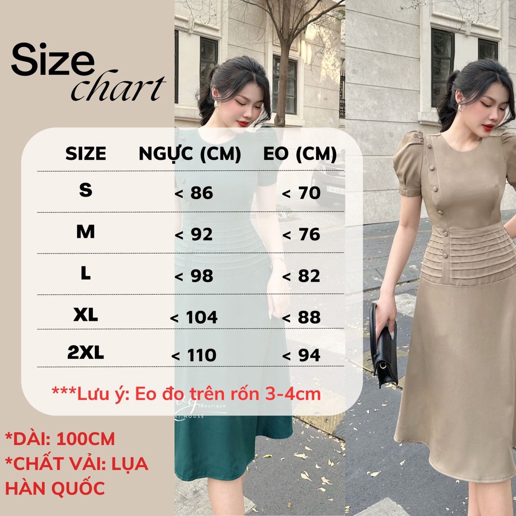 Đầm dự tiệc Nhật Vy cổ tròn đính cúc bọc eo dập ly dáng xoè chất lụa phù hợp công sở đi chơi sang trọng - D2820