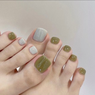 Set 24 móng chân giả màu xám matcha thời trang