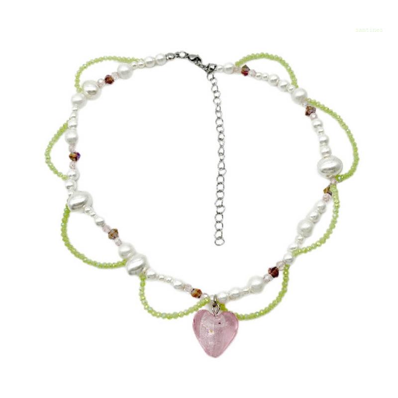 Vòng Cổ Choker Y2K Nhiều Lớp Đính Hạt Ngọc Trai Mặt Trái Tim Thanh Lịch