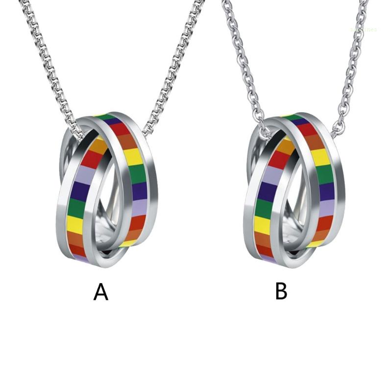 Vòng cổ Mặt Nhẫn Đôi Bằng Thép Không Gỉ Màu Cầu Vồng Thời Trang Cho Nam Và Nữ