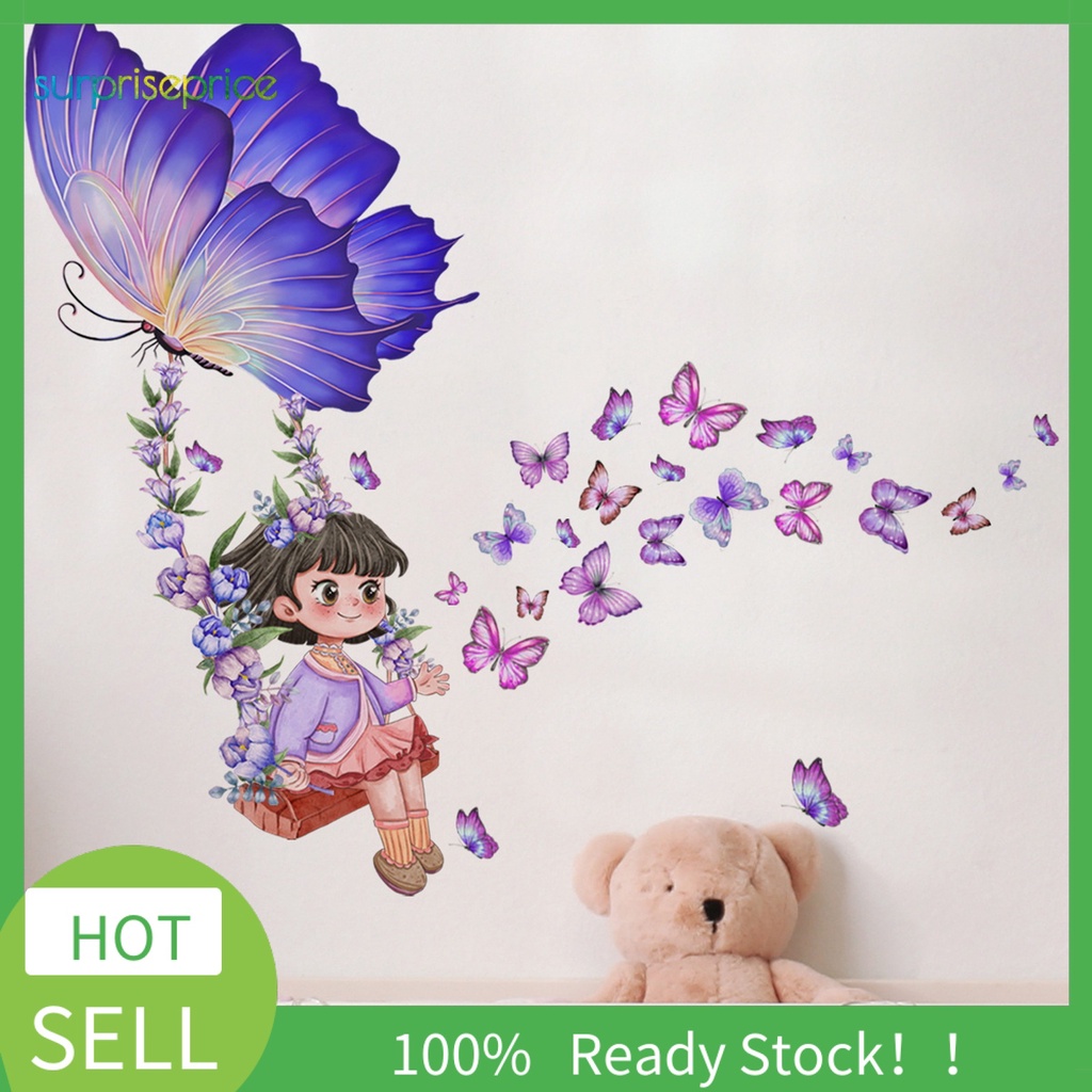 Set 2 Miếng Dán Tường Trang Trí Hình Cô Gái Và Bươm Bướm Tự Dính Tháo Rời Được