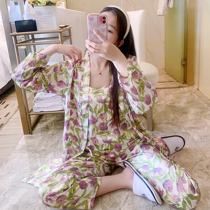 Bộ Đồ Ngủ Lụa Tay Dài 3 Trong 1 Thời Trang Quyến Rũ Cho Nữ