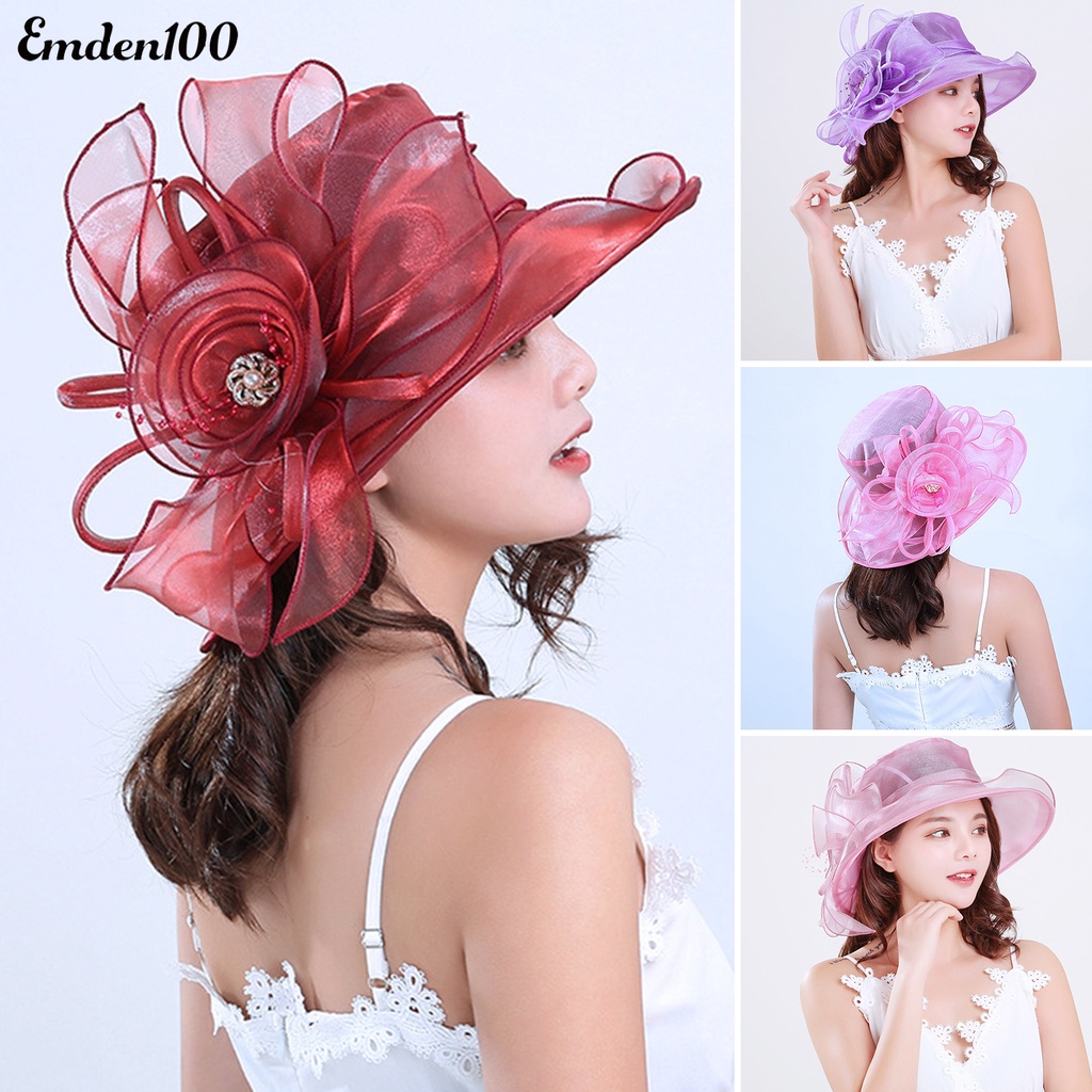 Mũ Vành Rộng Chống Nắng Đính Hoa Phối Lưới Thời Trang Đi Biển Cho Nữ