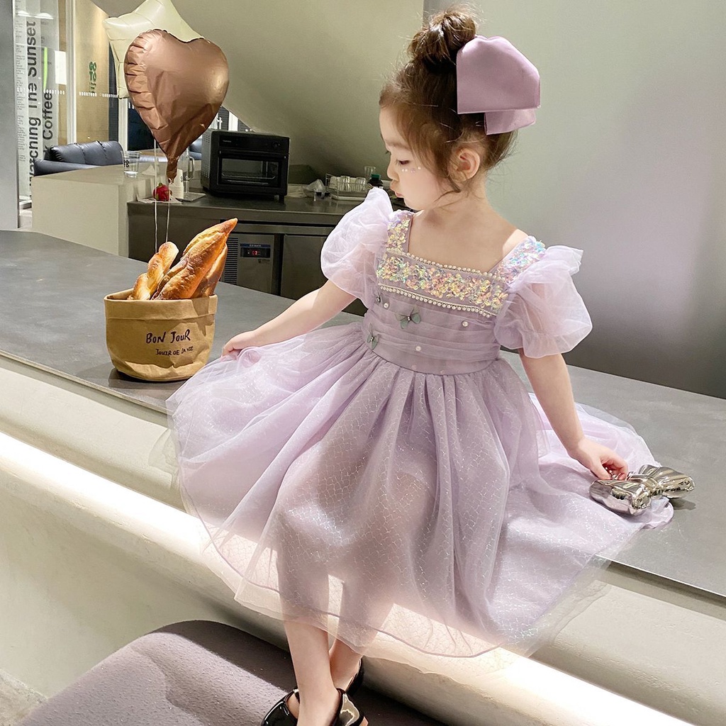 Đầm Công Chúa Tay Phồng Phối Lưới Đính Kim Sa Thời Trang Mùa Hè 2023 Cho Bé Gái