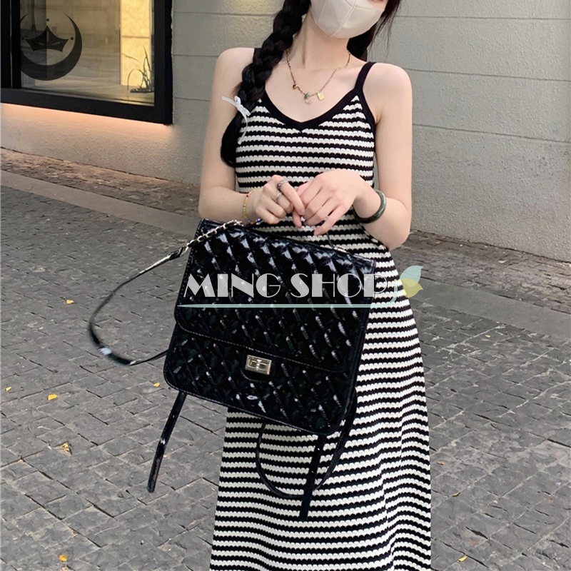 Đầm Dệt Kim Hai Dây Cổ Chữ V Họa Tiết Kẻ Sọc Thời Trang Mùa Hè Cho Nữ