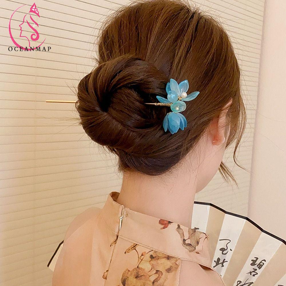 OCEANMAP Trâm Cài Tóc Bằng Acrylic Tráng Men Hình Hoa Dành Cho Thiết Kế Tóc Khi Mặc Hán Phục