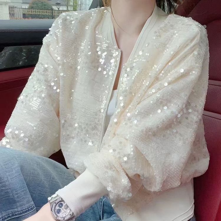 Áo Khoác Bóng Chày Mỏng Dáng Ngắn Đính Kim Sa Lấp Lánh Thời Trang Xuân Hè Cho Nữ