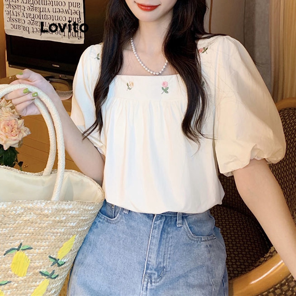 Áo LOVITO tay ngắn thêu họa tiết hoa phong cách thường ngày cho nữ LNE05098