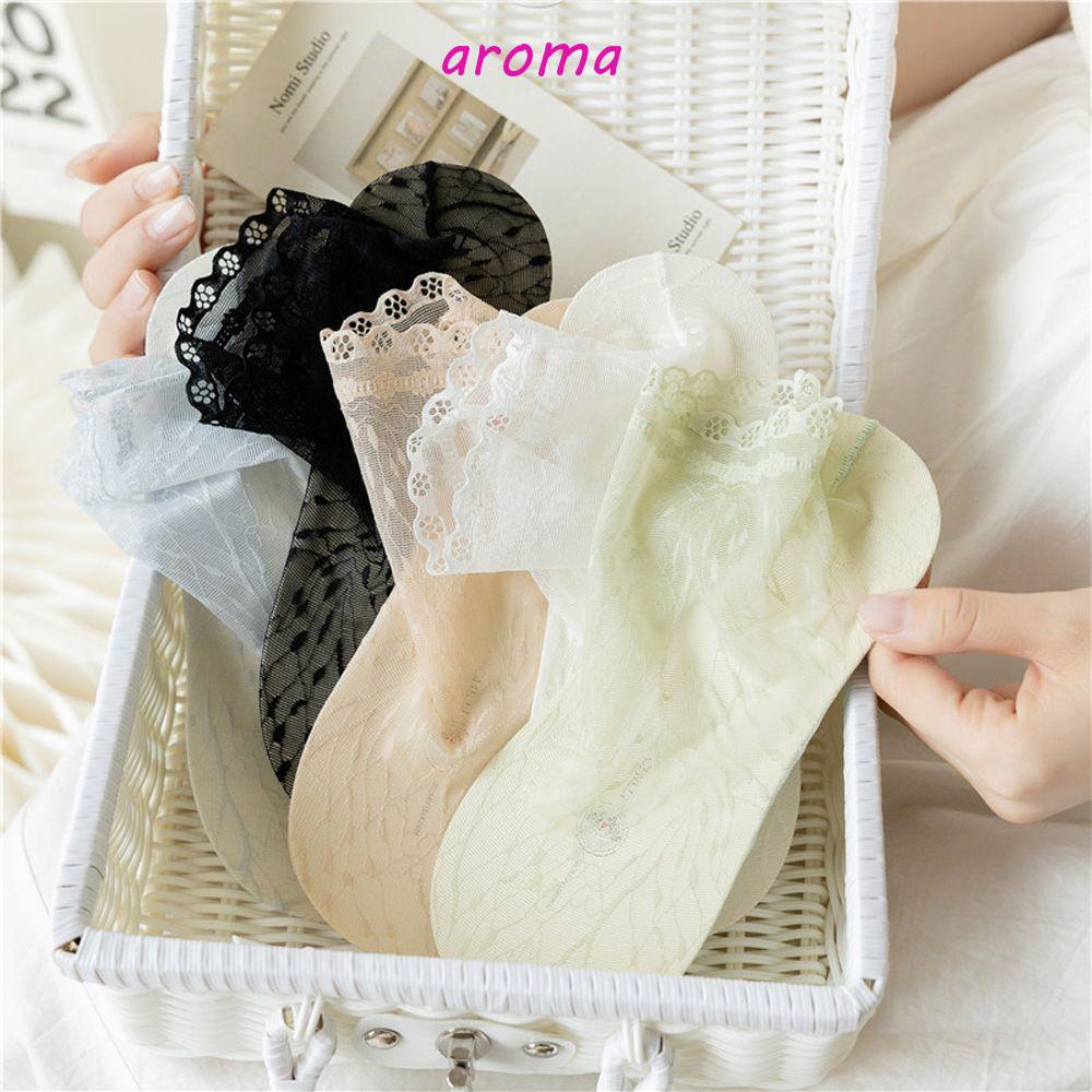 AROMA Đôi Vớ Trong Suốt Siêu Mỏng Thoáng Khí Chống Trượt In Họa Tiết Lá Cây Phong Cách Hàn Quốc Cho Nữ