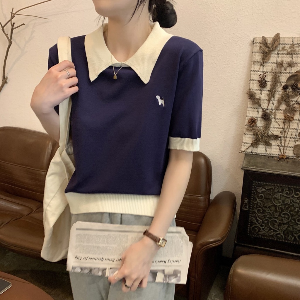 Áo Polo Dệt Kim Thêu Họa Tiết Màu Sắc Tương Phản Phong Cách Hàn Quốc